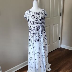 eShakti White and Blue Flutter Sleeve Maxi Dress
